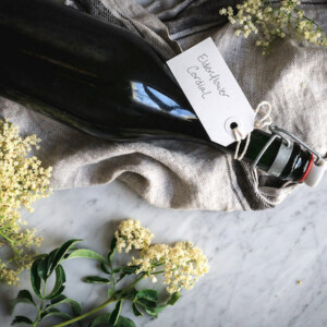 A bottle of homemade elderflower cordial