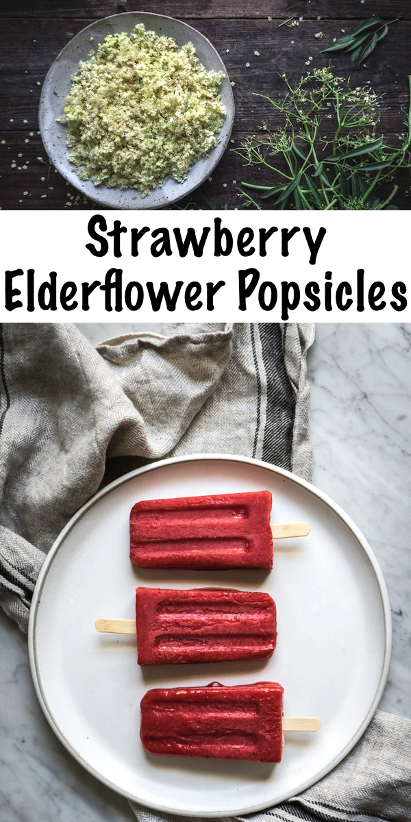 Strawberry Elderflower Popsicles ~ Celebrate the full Strawberry Moon and the Summer Solstice with these delicious elderflower and strawberry popsicles! Elderflowers are delicious edible flowers, and a bit of elderflower cordial or elderflower liqueur makes regular strawberry popsicles an exotic summer treat.