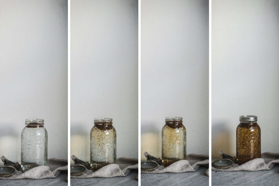 collage of 4 images showing a glass jar turning red, showing the various stages of making sun tea as the tea infuses over time