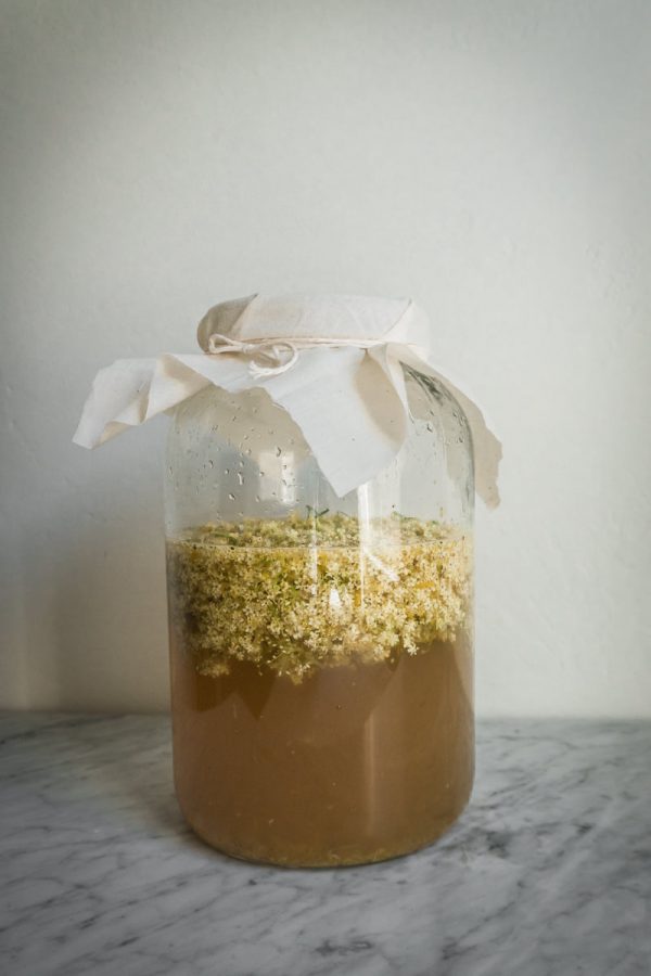 large glass jar with cloth draped over it, on counter with elderflower cordial 