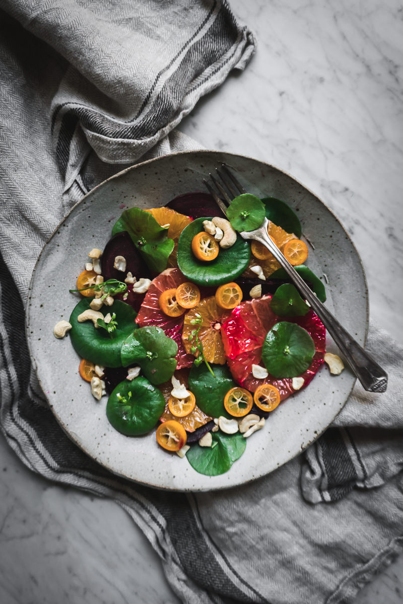 This Citrus, Beet and Miner's Lettuce Salad Recipe will nourish you during the transitions between seasons, and a wonderful way to highlight the foraged wild green.  Sometimes known as winter purslane or claytonia, this rich succulent green makes the perfect base for a fresh salad.