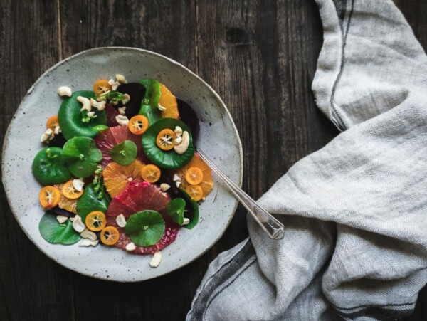 Miner's lettuce salad with roasted beets, grapefruit, nuts and kumquats