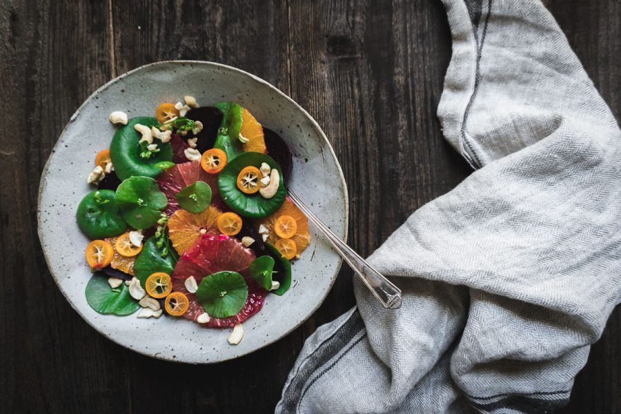 Miner's lettuce salad with roasted beets, grapefruit, nuts and kumquats