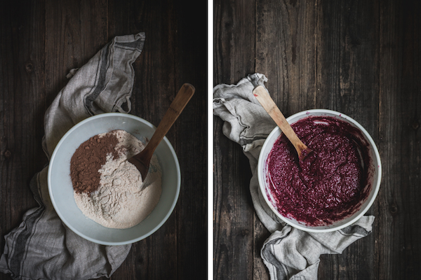 Two mixing bowls side by side, the first with just the dry ingredients for a chocolate beetroot cake and the second with all the ingredients mixed together to show a bright red batter for a red velvet cake without food coloring.