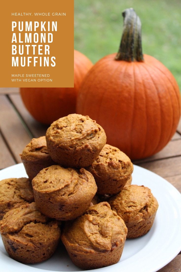 Pumpkin Almond Butter Muffins ~ These healthy, whole grain pumpkin muffins pack a lot of wholesome flavor. Sweetened with maple, they're the perfect healthy fall treat. Vegan option included. #fall #muffins #pumpkin #wholegrain