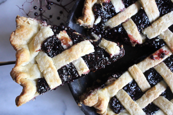 Slice of homemade elderberry pie