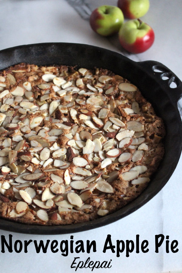 Norwegian Apple Pie (Eplepai) ~ This traditional Norwegian dessert comes together quickly and is packed with apple flavor. Made without a crust, eplepai is more like a cake than a pie. #norwegian #nordicfood #norwegianfood #norwegianrecipes