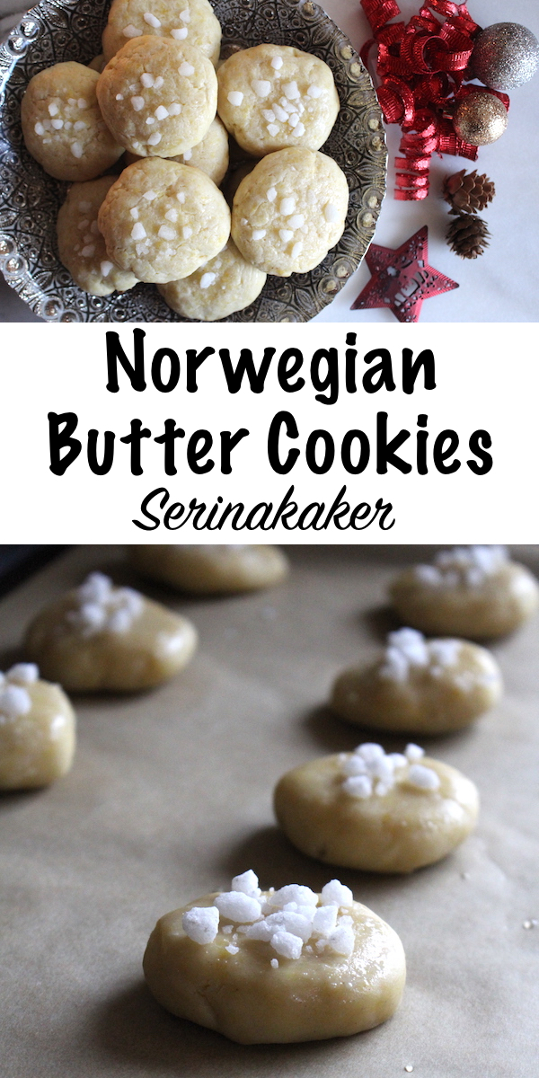 Norwegian Butter Cookies (Serinakaker) ~ These traditional norwegian holiday cookies are simple butter cookies decorated with pearl sugar. Looking for an easy nordic christmas cookie? Serinakaker come together in minutes and add another delicious holiday cookie to the christmas table. #christmascookies #holidayrecipes #nordicfood #norwegian