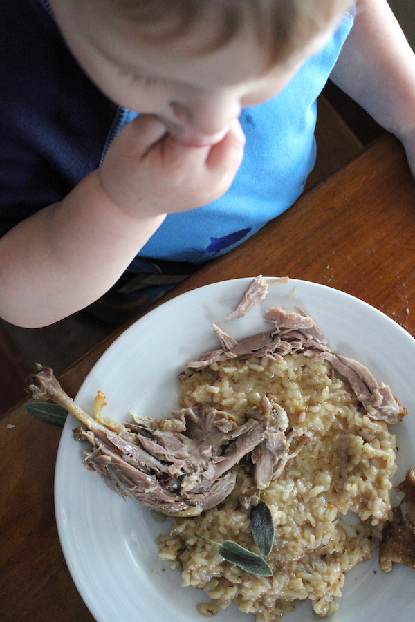 child eating risotto with confit de canard