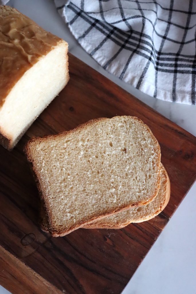 Close-up of bread machine honey white bread crumb showing tender, fluffy texture