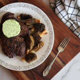 Ramp compound butter with steak and morels