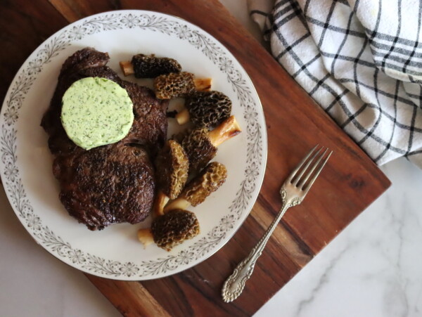 Ramp compound butter with steak and morels