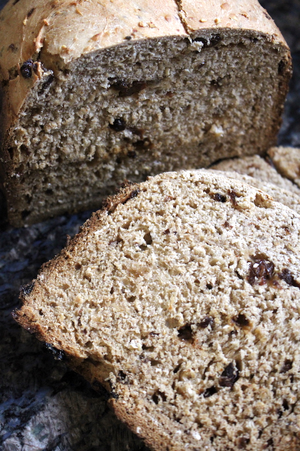  Close-up of bread machine cinnamon raisin bread crumb showing the soft moist texture perfect for toasting with butter