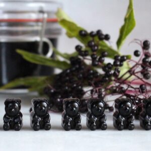 Homemade Elderberry Gummies made from elderberry syrup with raw honey.
